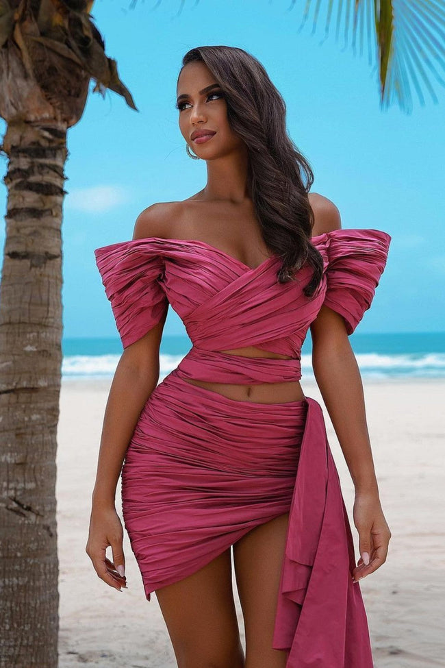 Unique Rose Off The Shoulder Short Prom Dress with Pleats Hover Image