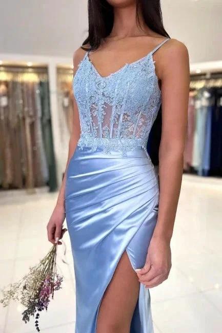 Fashionable Long Sky Blue Mermaid Spaghetti Straps Lace Prom Dress with Slit by misshow.com