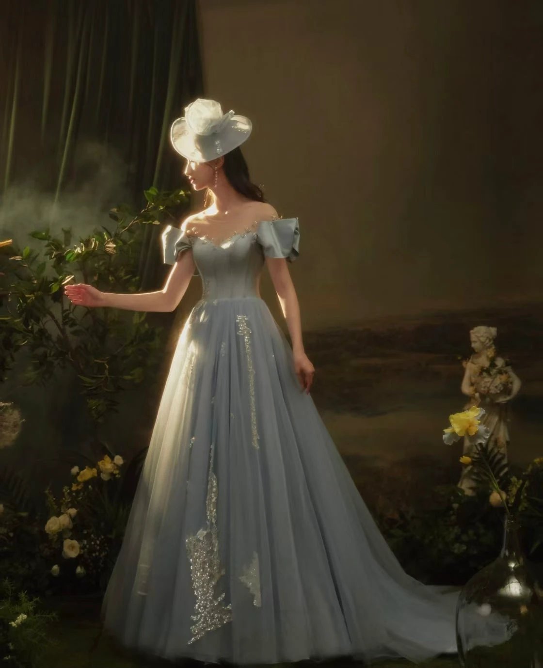 Elegant Dusty Blue Off-Shoulder Tulle Ball Gown with Puff Sleeves & Crystal Embroidery by ZAPDRESS