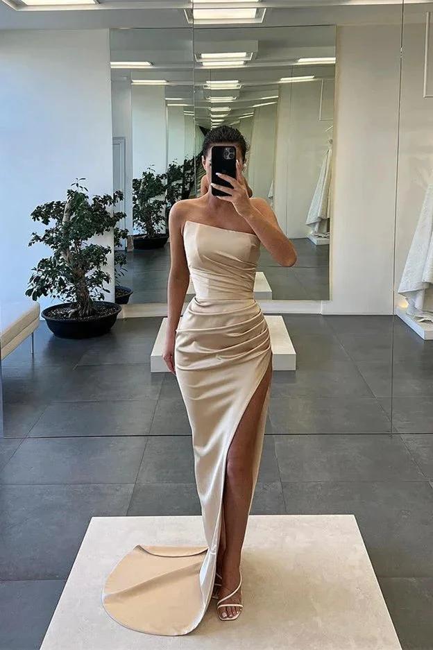 Long Mermaid Strapless Sleeveless Satin Prom Dress with Slit by BIZTUNNEL