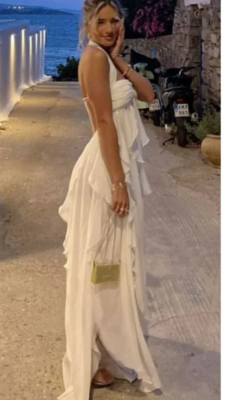 Bohemian White Chiffon Evening Dress Halter Prom Dress Party Gown Y7542 by simplepromdress