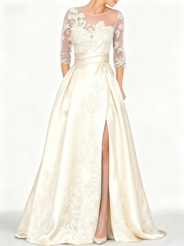 Elegant black satin embroidered formal dress