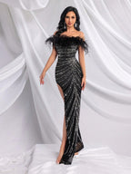 QOQ Fashionable And Elegant Black Faux Fur Patchwork Shoulder Dress Rhinestone Embellished Suitable For Formal Dinners And Galas - view 5