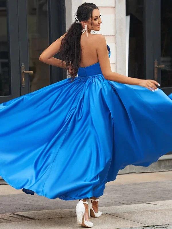 Regal Sapphire A-Line Draped V-Neck Backless Prom Dress by BIZTUNNEL