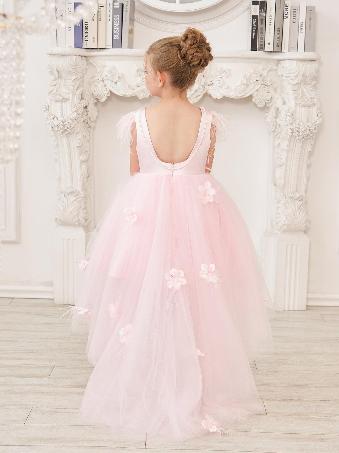 Princess Sleeveless Tulle Flower Girl Dress with Beading and Feather Bow (010… - photo 5