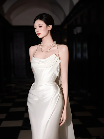 Vestido de fiesta elegante de sirena en satén blanco de gasa, vestido de novia largo sin tirantes Y8591