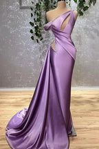 One Shoulder Sleeveless Lilac Mermaid Stain Prom Dress by BIZTUNNEL