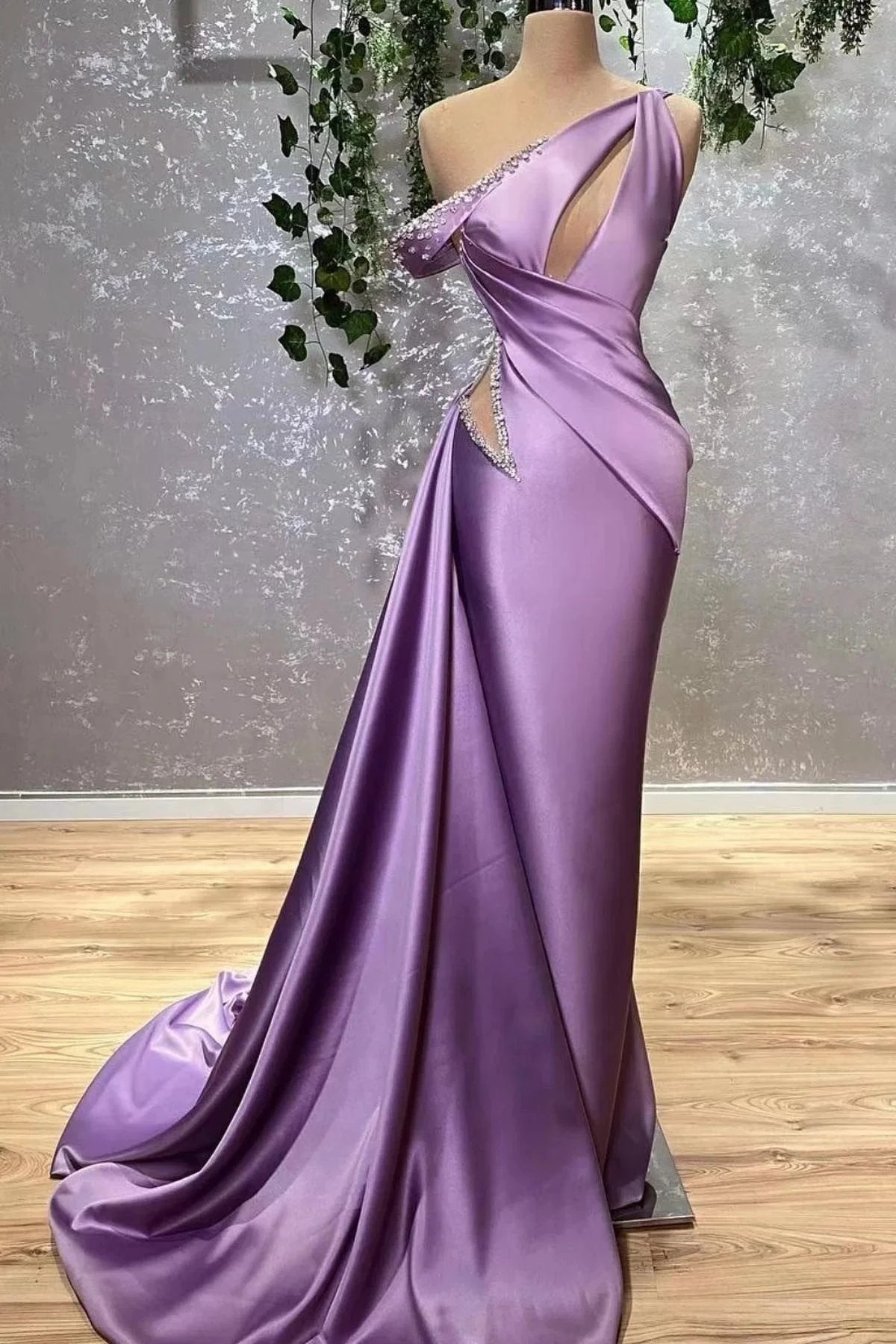 One Shoulder Sleeveless Lilac Mermaid Stain Prom Dress by BIZTUNNEL