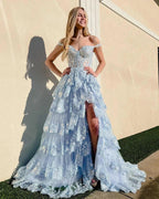 Capri | Blue Crystal Sequins Princess A Line Off the Shoulder Prom Dress with Lace Ruffles by KissProm