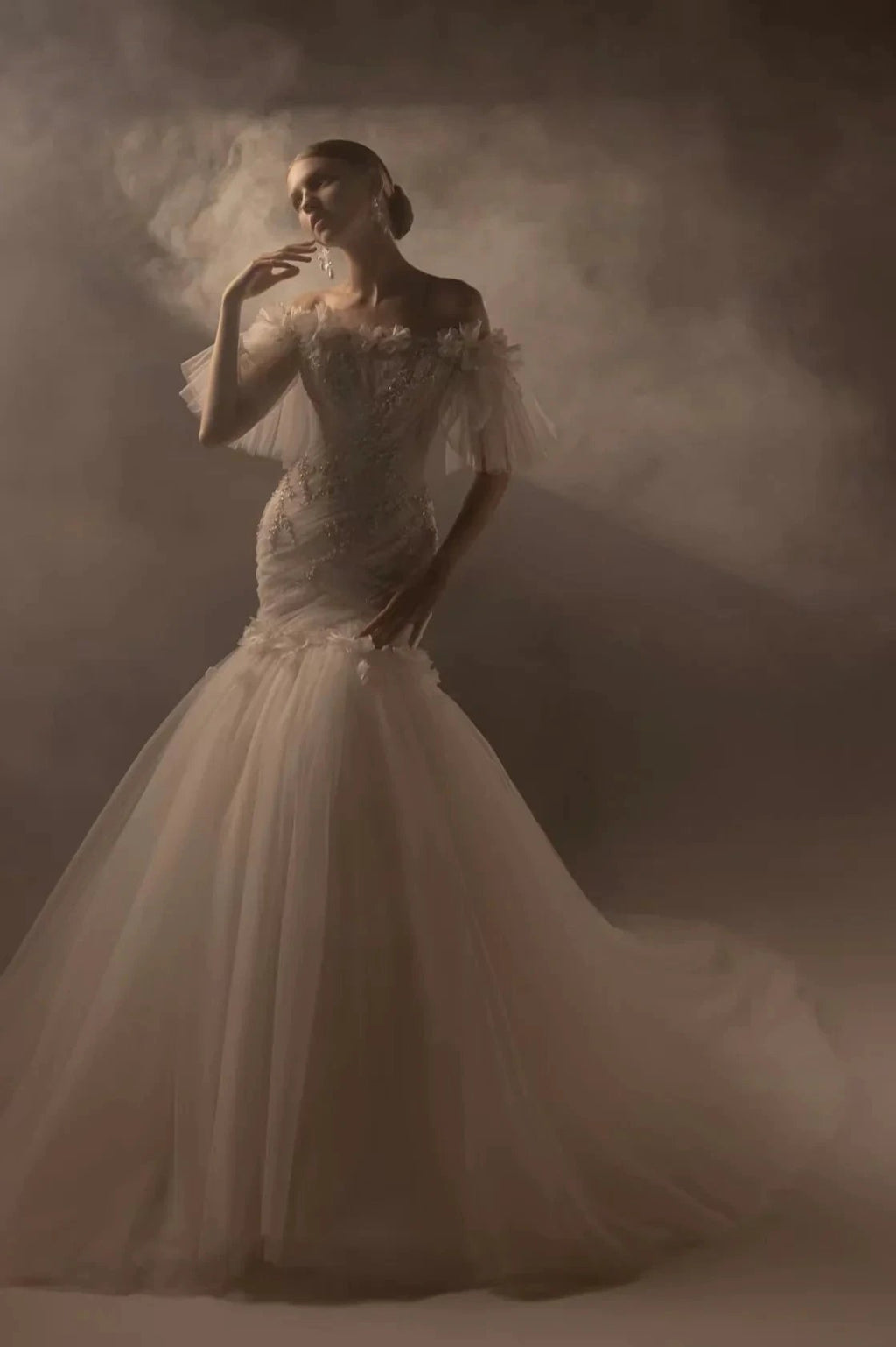 Ethereal Mermaid Off-the-Shoulder Tulle Wedding Dress with Beaded Embroidery & 3D Floral Accents H011 by ZAPDRESS