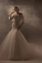 Ethereal Mermaid Off-the-Shoulder Tulle Wedding Dress with Beaded Embroidery & 3D Floral Accents H011 by ZAPDRESS