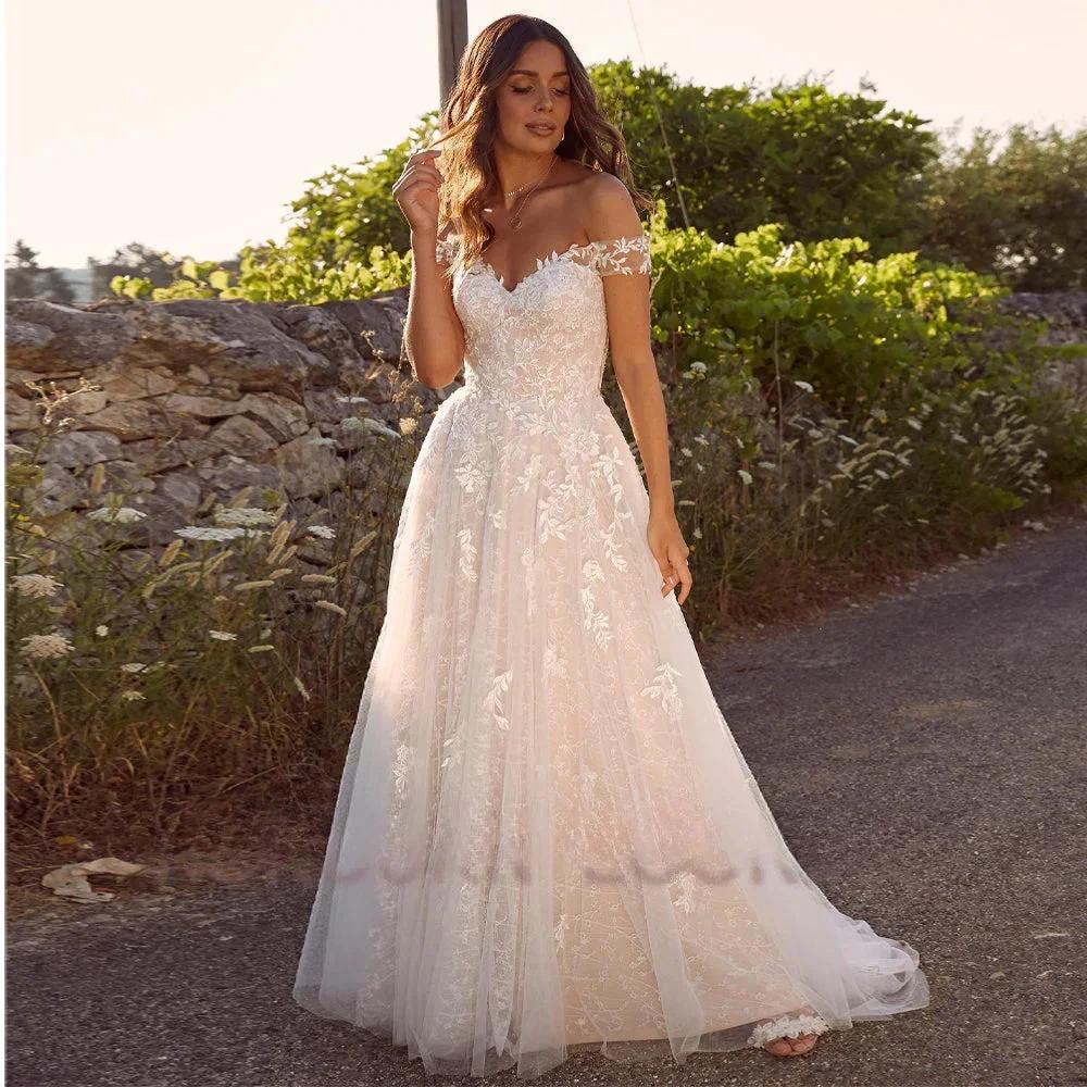Romantic Wedding Dresses For Women A-Line Court Train Off Shoulder 2023 Cathedral Dropping Shipping Vestido De Casamento by payinti