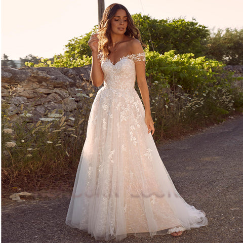 Romantic Wedding Dresses For Women A-Line Court Train Off Shoulder 2023 Cathedral Dropping Shipping Vestido De Casamento