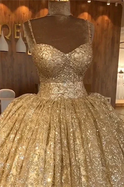 Spaghetti Straps Gold Evening Dress | Luxury Ball Gown Princess Prom Dress S19116 by simplepromdress