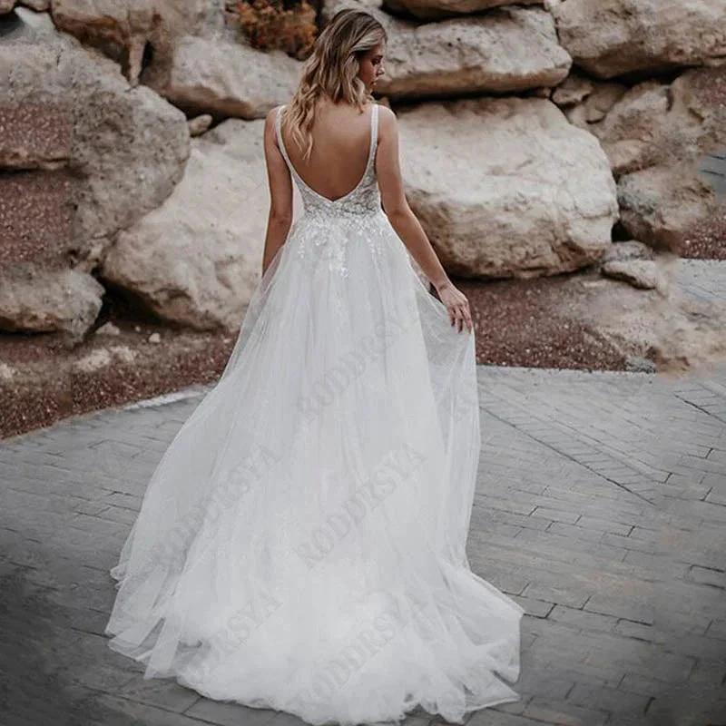 Sleeveless Appliques A-Line Bridal Gowns Backless Square Collar Wedding Dresses Spagehtti Straps Tulle Vestido De Novia by payinti