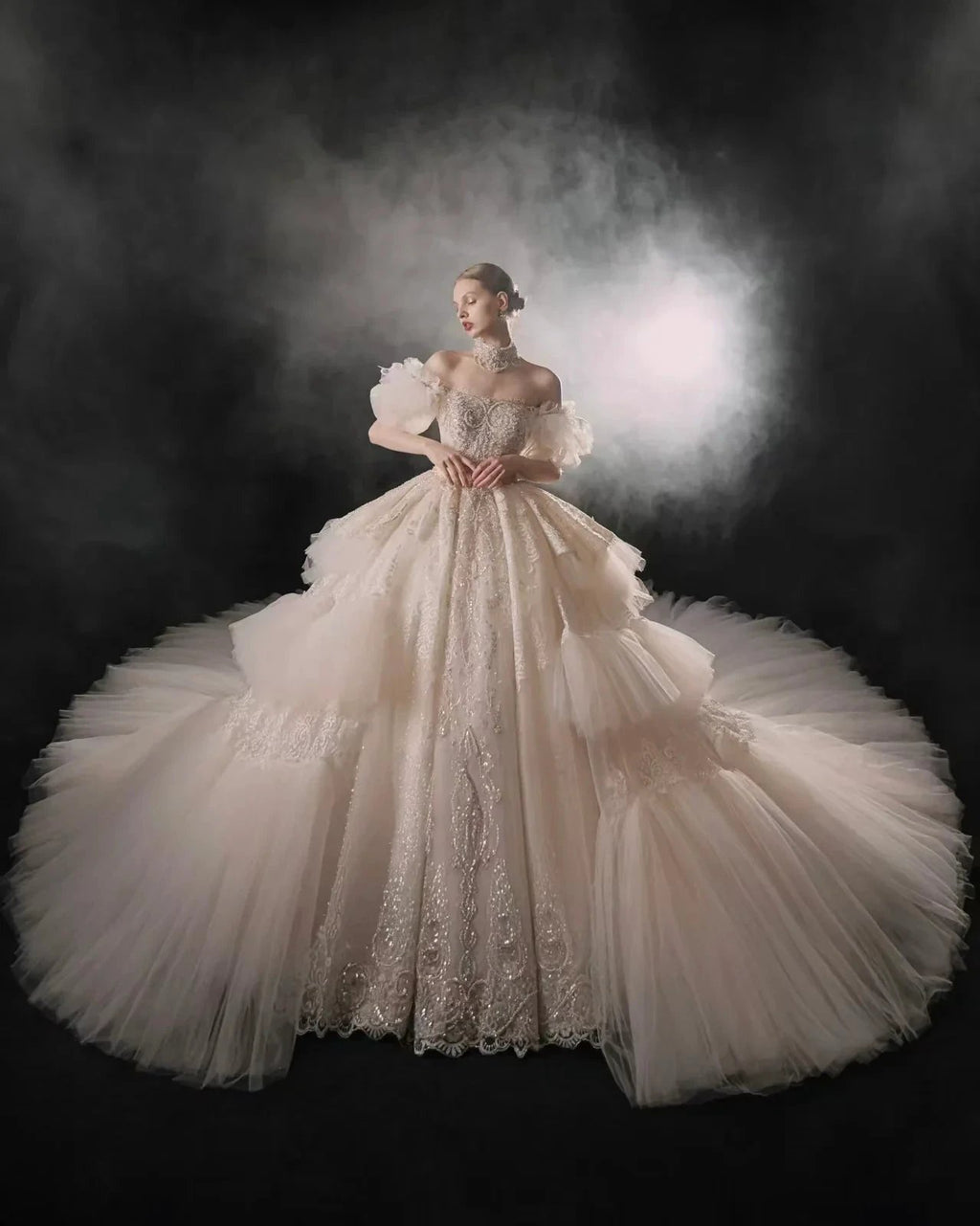 Opulent Off-the-Shoulder Ball Gown Tulle Puff Sleeve Beaded Lace Wedding Dress with Layered Ruffled Train & Choker Q6001 by ZAPDRESS