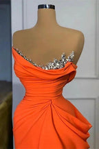Sequined Strapless Orange Mermaid Draped Satin Long Prom Dress by BIZTUNNEL