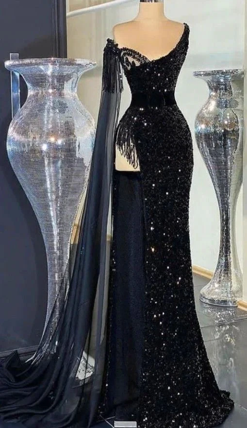 Gorgeous Black Sequins Evening Dress Beaded Tassel Slit Long Prom Dress Y7650 by simplepromdress