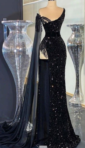 Hermoso vestido de noche negro con lentejuelas y borlas de cuentas, vestido de fiesta largo Y7650