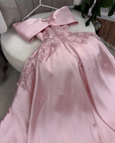 Vestido de noche elegante rosa con hombros descubiertos, apliques de lentejuelas, vestido de fiesta largo de corte A Y7638
