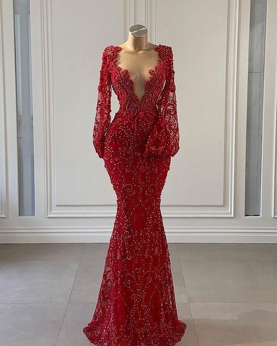 Red Prom Dress long Prom Dresses Long Sleeve Lace Mermaid Evening Gowns Y69 Hover Image