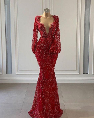 Rotes Ballkleid lange Ballkleider Langarm Spitze Meerjungfrau Abendkleider Y69