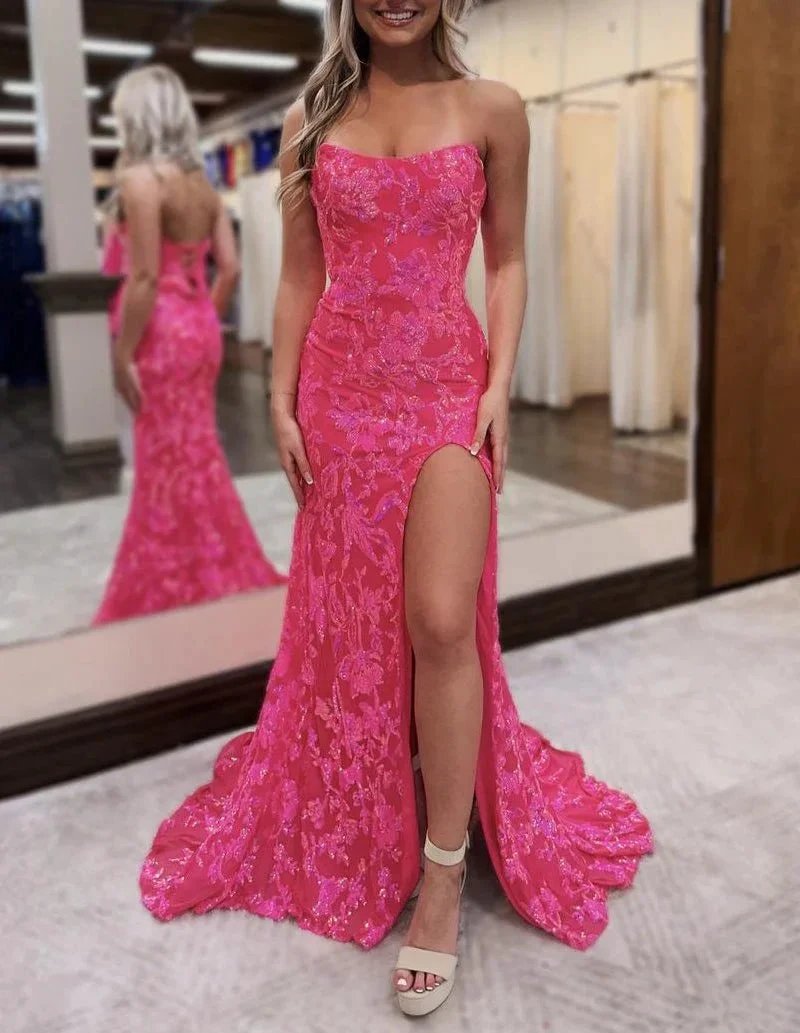 Fuchsia Strapless Sequins Lace Mermaid Prom Dresses with Slit by Kissprom