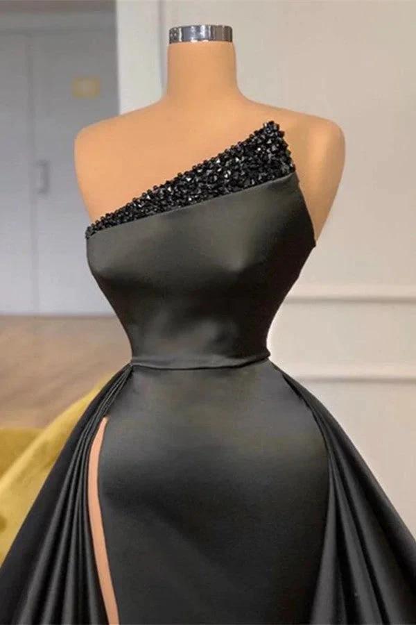 Slit Front Black Strapless Long Prom Dress With Beads by BIZTUNNEL