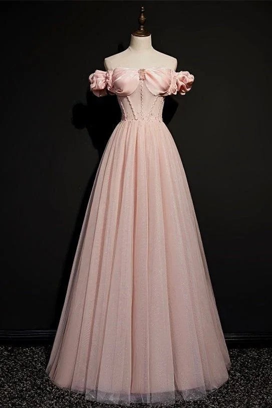 Pink Tulle Beaded Princess Prom Dress Off The Shoulder Ball Gown Evening Dress Y7584 by simplepromdress