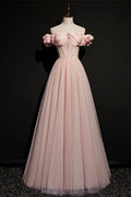 Pink Tulle Beaded Princess Prom Dress Off The Shoulder Ball Gown Evening Dress Y7584 by simplepromdress