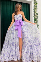 Chic Floral Printed Chiffon Strapless Long Prom Dresses with Slit by Kissprom