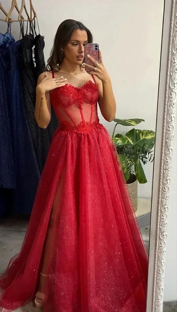 Shiny Sweetheart Neck Red Lace Long Prom Dresses, High Slit Red Lace Formal Dresses, Red Lace Evening Dresses Y1673 by simplepromdress