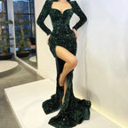 Burgundy Sequins Evening Dresses With Long Sleeves Mermaid High Split Mermaid Prom Dress Party Gown Y1682 by simplepromdress