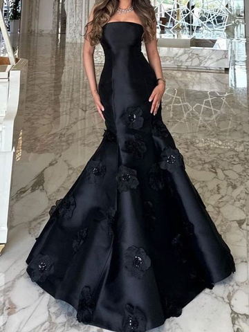 Vestido de noche negro de sirena con flores y sin tirantes, vestido formal de fiesta Y7459