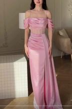 Elegant Pink Off The Shoulder Mermaid Prom Dress Slit Evening Dress Y7625 by simplepromdress