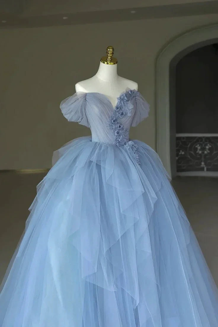 Fairy Tulle Appliques Prom Dress Blue Ball Gown Birthday Dress Y7682 by simplepromdress
