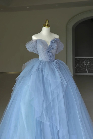 Vestido de fiesta azul con apliques de tul de hada, vestido de fiesta para cumpleaños Y7682