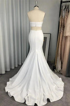 Two Piece Strapless Long Mermaid White Prom Dress by BIZTUNNEL