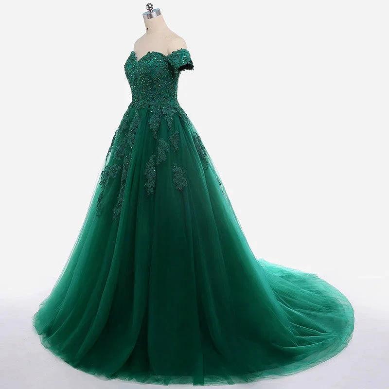 Sexy Dark Green Lace Applique Dresses Short Sleeve Ball Gown For 15 Prom Party Dress Custom Chapel Train Sweet 16 Dresses Y610 by simplepromdress