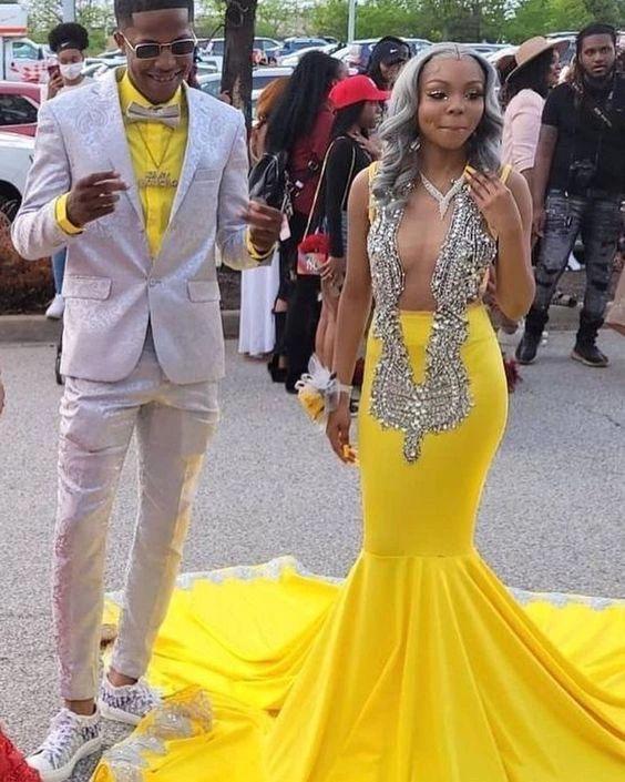 Sparkly Evening Dresses, Mermaid Sexy Yellow Evening Prom Gown With Train Y644 by simplepromdress