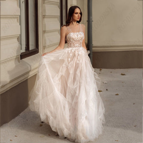 Elegant Spaghetti Straps Wedding Dress Sexy Lace Up Backless Robe De Mariée Romantic Square Collar Tulle Bridal Gowns