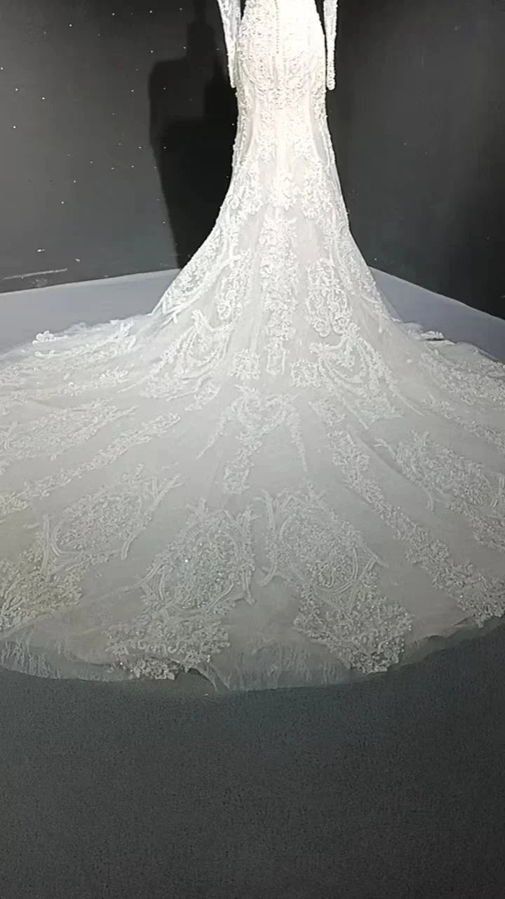 V-neck long sleeved luxurious nail bead trailing bridal veil by ZAPDRESS