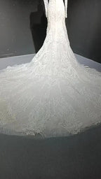 V-neck long sleeved luxurious nail bead trailing bridal veil by ZAPDRESS