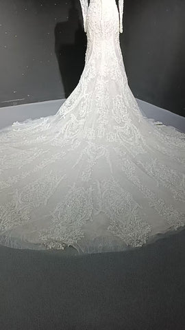 V-neck long sleeved luxurious nail bead trailing bridal veil