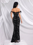 QOQ Fashionable And Elegant Black Faux Fur Patchwork Shoulder Dress Rhinestone Embellished Suitable For Formal Dinners And Galas - view 2