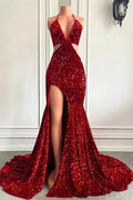 Split Front Red Halter V-Ncek Sequin Floor Length Mermaid Prom Dress by BIZTUNNEL