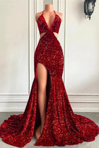 Split Front Red Halter V-Ncek Sequin Floor Length Mermaid Prom Dress by BIZTUNNEL