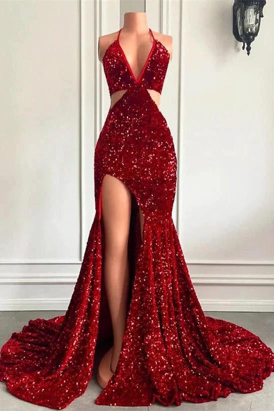 Split Front Red Halter V-Ncek Sequin Floor Length Mermaid Prom Dress by BIZTUNNEL