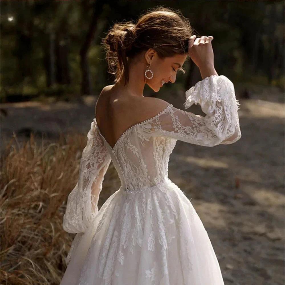 Off The Shoulder Wedding Dress Lace Applique Sweetheart Bridal Gown Puff Long Sleeves свадебное платье Vestido De Novia by payinti