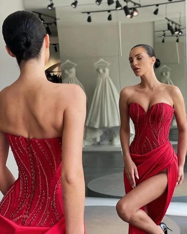 Sweetheart Sleeveless Mermaid Prom Gown with Beaded Details and Daring Split by BIZTUNNEL